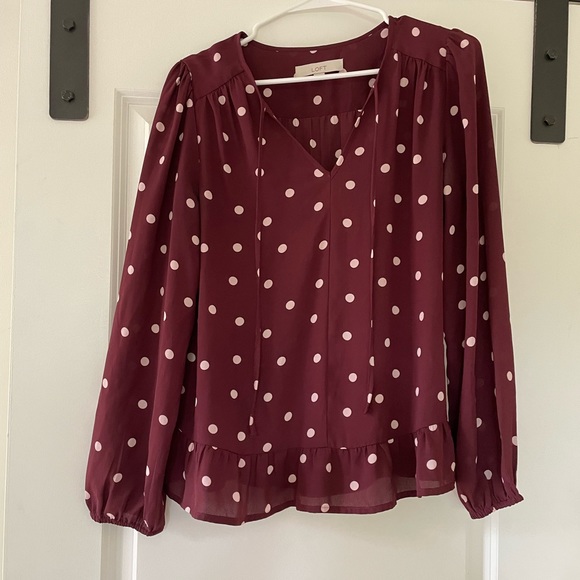 Maroon Polka Dot Tie Neck Loft Blouse - Picture 2 of 4